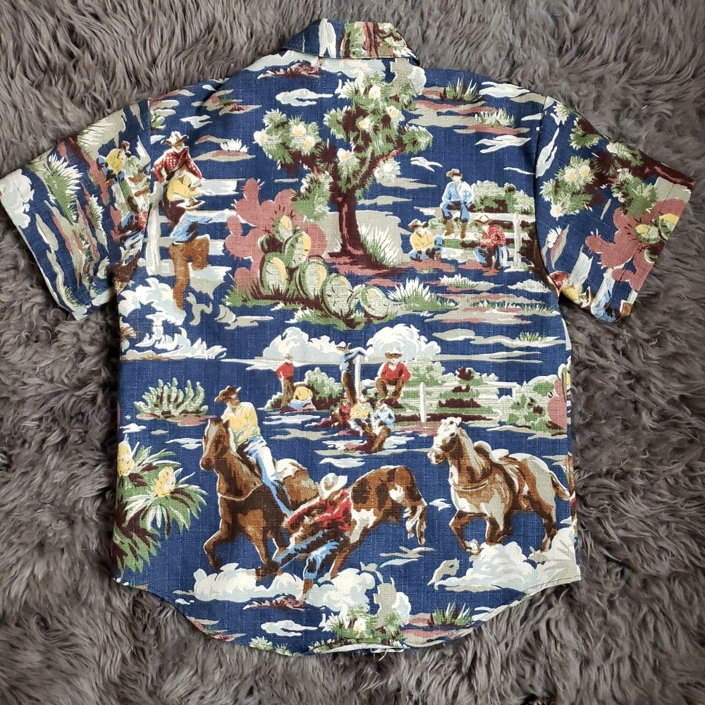 Vintage Mens Barkcloth Western Cowboy Horse Button Front Printed Shirt - Picture 8 of 11
